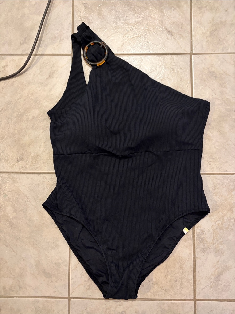 Summer Sault One-Shoulder Black Ribbed Swimsuit with Tortoiseshell Ring